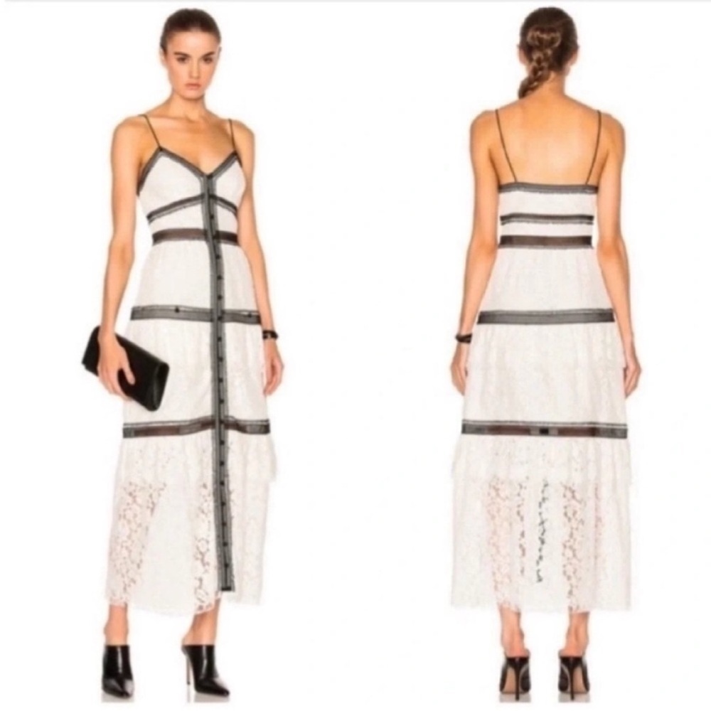 Self Portrait Lace Trim Tiered Midi Dress White Black